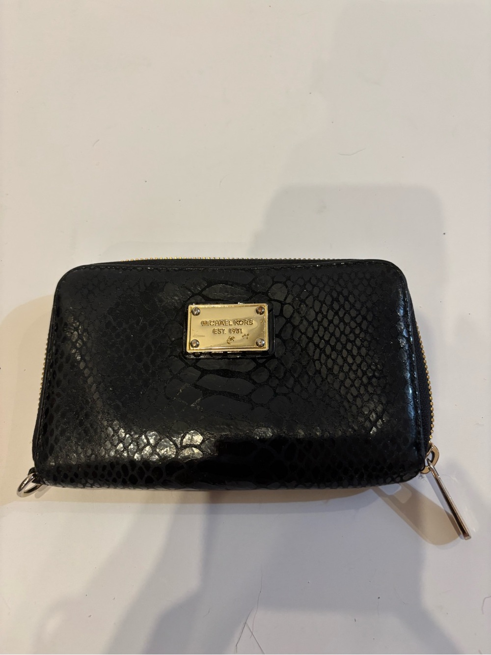 Michael Kors Black Snake-Embossed Zip Wallet with Gold Plate